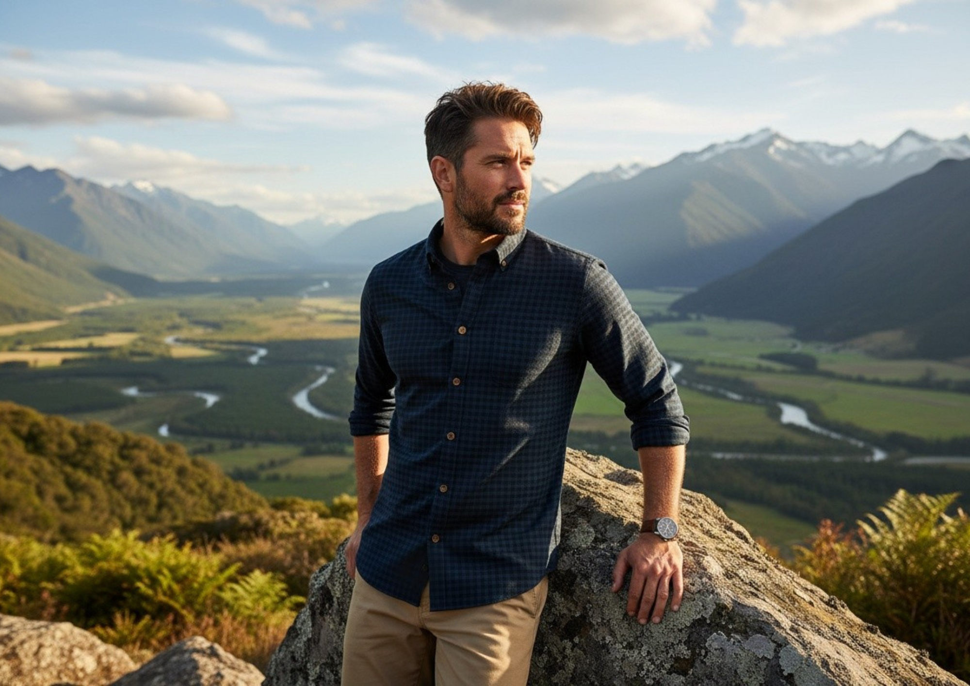 Man wearing a dark checked Lichfield shirt, standing on a mountain ridge overlooking a New Zealand valley.